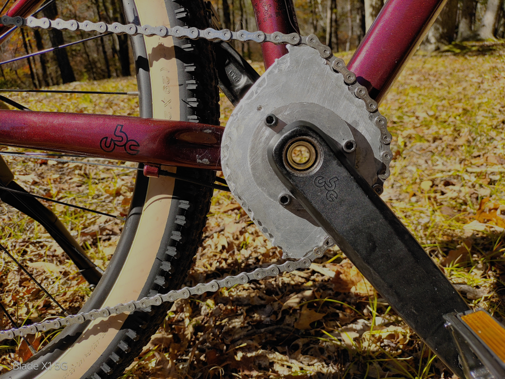 Closeup of the red bike crank showing the Crownring.